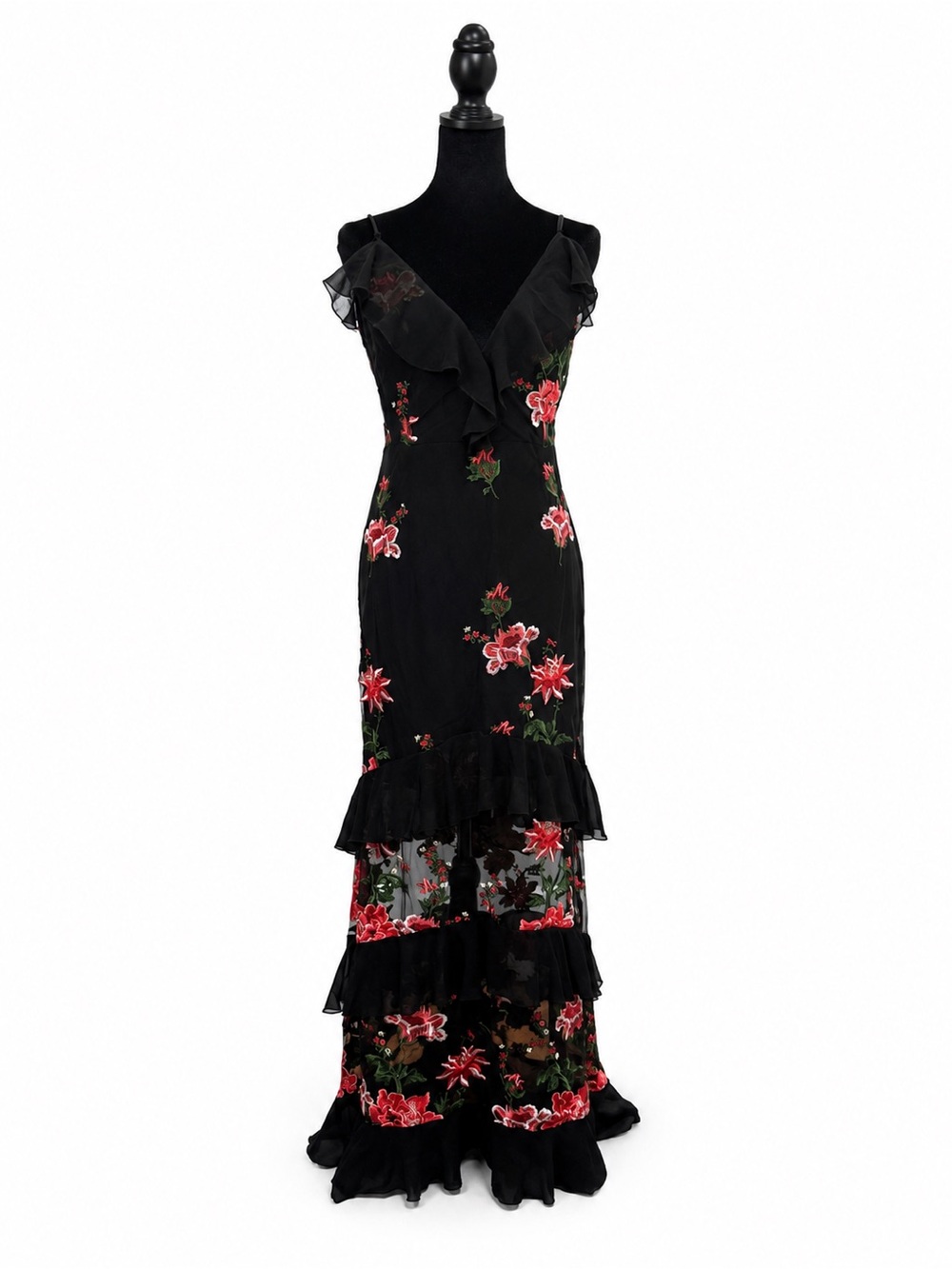 Black Floral Ruffle Maxi Dress with Red Embroidery